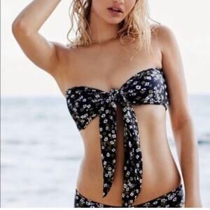 GILLIA swim Black Tie Up Bandeau with Green Poppy Florals Size Small